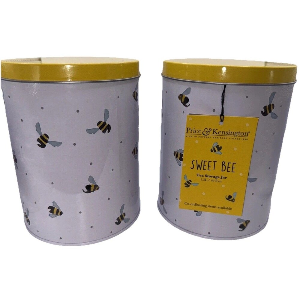 Sweet Bee Tea Storage Tin with Lid Yellow Bee Design Kitchen Canister Set -NWT